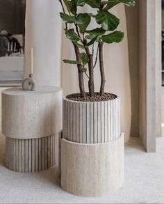 two concrete planters sitting next to each other on top of a white carpeted floor