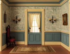 an empty room with blue walls and wooden floors