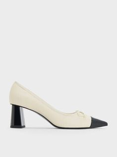 Chalk Bow Pointed Cap-Toe Pumps | CHARLES & KEITH European Aesthetic, Pu Heels, Charles Keith, Black Cap, The Vamps, Block Heels, Chalk, Work Wear, Heel Height