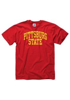 Show off your team pride in this Pitt State Gorillas Red Arch Short Sleeve T Shirt! This Pitt State Short Sleeve Tee features a screen printed wordmark `Pittsburg State`. Make sure everyone knows you root for the Gorillas with this Red Pitt State T Shirt. Always a Gorilla! Classic Fit, Tubular construction, Taped neck and shoulders, Quarter-turned to eliminate center crease, Unisex, Fit: True to Size, 100% Cotton Cheap Sports T-shirt With Graphic Design, Red Team Jersey T-shirt, Red Jersey T-shirt With Team Name, Red Jersey T-shirt For Sports Season, Red Team Spirit Tops With Logo Print, University Red Collegiate T-shirt With Letter Print, Collegiate Cotton Tops In University Red, University Red Collegiate Tops For College, University Red Collegiate Top With Graphic Print