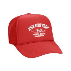 Joe's Surf Shop California Foam Trucker Hat Summer Lightweight Snapback Trucker Hat, Lightweight Snapback Trucker Hat For Summer, Red Trucker Hat For Beach, Red Trucker Hat For The Beach, Casual Red Trucker Hat For Beach, Outdoor Baseball Cap For Beach Season, Casual Outdoor Baseball Cap For Beach Season, Casual 5-panel Baseball Cap For Beach, Snapback Trucker Hat With Upf 50+ For Beach