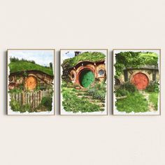 three pictures of hobbot houses in the woods with green doors and steps leading to them