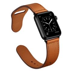 an apple watch with a brown leather band