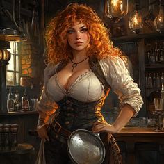 a painting of a woman with long red hair in a bar holding a frying pan