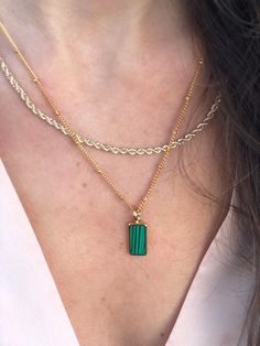 "Stand out from crowd with this Rectangle Malechite Green Brass Necklace! Dainty, chic and compliments any style Each piece is handmade and crafted in our atelier just for you!    Feel free to message me with any questions or for more details! We love hearing from you! :)   Jewelry pouch included with purchase. At Evva's handmade shop we know you'll find something lovely for yourself or to give as a gift to someone special! CURRENT PRODUCTION TIMES All items are handmade and made to order so please check our policies page for the most up to date production and delivery times. If you need it sooner, please send us a message on Etsy, we can prepare your item as fast as possible for your needed date. PACKAGING - If certain pieces are intended as gifts, please leave us a note in the message bo Dainty Handmade Rectangular Jewelry, Handmade Dainty Rectangular Jewelry, Trendy Green Necklace For Gift, Trendy Green Necklace Gift, Everyday Handmade Rectangular Necklaces, Everyday Handmade Rectangular Necklace, Handmade Rectangular Everyday Necklace, Trendy Necklace With Rectangular Pendant For Gift, Green Rectangular Pendant Jewelry For Everyday