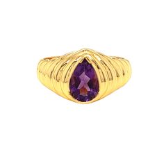 Be bold and beautiful with this stunning 1.75 carat pear-shaped amethyst ring, crafted by Nari Fine Jewels in 14k gold for a luxurious look. Its ribbed texture and fluted edges present a unique and eye-catching statement. Indulge in timeless elegance and undeniable style with this one-of-a-kind piece. It's versatile and can be worn for various occasions, effortlessly paired with different jewelry colors and styles. The face of the ring measures 11.3 mm and sits 5.75 mm high from the finger's surface. The ring is a size 7.   Metal: 14k Yellow Gold Gemstone - Amethyst Gemstone Size - 9 x 6 mm Cut: Pear Total weight: 1.75 carats Finger size  - 7 Formal Teardrop Amethyst Ring In Fine Jewelry Style, Elegant Pear-shaped Amethyst Ring For Formal Occasions, Elegant Formal Pear-shaped Amethyst Ring, Formal Amethyst Pear-shaped Ring, Elegant Teardrop Amethyst Gemstone Ring, Teardrop Amethyst Ring For Formal Occasions, Elegant Teardrop Amethyst Ring For Formal Occasions, Elegant Teardrop Amethyst Ring, Elegant Teardrop Purple Amethyst Ring