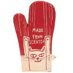 an oven mitt with a cat on it that says made from scratchsticks