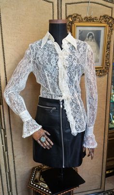 "Really amazing Semi sheer Lace Blouse Fits really good In good condition Size aprox. M Measures (a bit elastic fabric) - Shoulder to shoulder: 14.56\" (37 cm) - Slevees: 26.37\" (67 cm) - Chest: 35.43\" (90 cm) - Waist: 30.70\" (78 cm) - Total Long: 25.59\" (65 cm) Thanks for stopping by!!" Button Up Sheer Lace Top, Lace Button Up, Sheer Fitted Blouse, Spring Fitted Sheer Blouse, Fitted Sheer Blouse For Spring, Sheer Fitted Blouse For Fall, Fitted Sheer Blouse For Fall, Elegant Sheer Stretch Blouse, Fitted Lace Formal Blouse