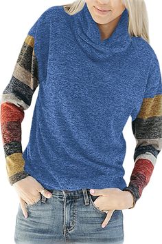 Color Blocked Long Sleeve Blue Cowl Neck Sweatshirt Casual Raglan Sleeve Tops With Contrast Color, Multicolor Color Block Top For Fall, Blue Patchwork Crew Neck Top, Winter Long Sleeve Tops With Contrast Color, Casual Striped Sleeve Tops For Fall, Casual Light Blue Patchwork Tops, Blue Long Sleeve Tops With Contrast Color, Blue Color Block Long Sleeve Sweatshirt, Blue Patchwork Top For Winter