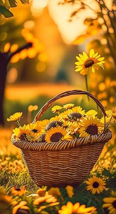 a basket full of sunflowers sitting in the grass