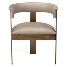 a beige chair with a wooden frame and armrests