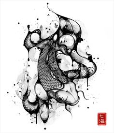 an ink drawing of a fish with water droplets on it's body and head