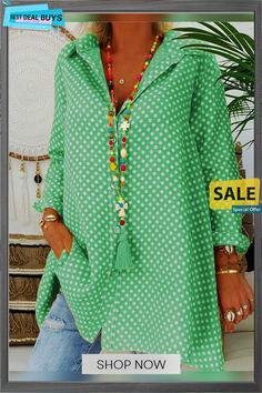 Polka Dots Shirt Collar Vintage Blouse Styles For Women Over 60, Casual Blouse Shirts, Cool Clothes, Polka Dot Shirt, Green Blouse, Clothing Styles, Polka Dot Print, Blouse Vintage, Long Blouse