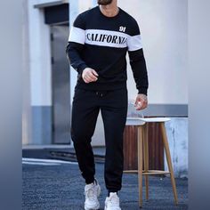 Tracksuit Size Large Men Sweatpants Jogger 2 Piece California Sweatshirt New Black Long Sleeve Tracksuit With Letter Print, Sporty Black Crew Neck Set, Casual Black Crew Neck Set, Black Sporty Tracksuit With Crew Neck, Black Cotton Crew Neck Tracksuit, Black Cotton Tracksuit With Letter Print, Winter Black Crew Neck Sets, Casual Tracksuit With Letter Print, Casual Crew Neck Tracksuit With Letter Print