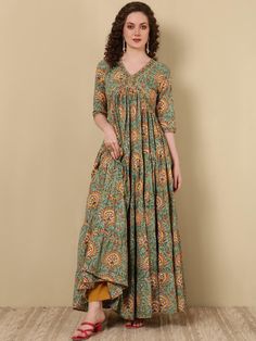 Green Viscose Rayon Ethnic Motif Print & Zari Detailing Angrakha Anarkali Kurta Bohemian Kalamkari Print Palazzo Set For Diwali, Diwali Anarkali Set With Printed Motifs And V-neck, Bohemian Anarkali Set With Straight Kurta For Festivals, Navratri V-neck Anarkali Set With Printed Motifs, Diwali V-neck Anarkali Set With Printed Motifs, Designer Semi-stitched Kalamkari Print Kurta, Diwali Maxi Kurta With Printed Motifs, Maxi Length Kurta With Printed Motifs For Diwali, V-neck Anarkali Set With Printed Motifs