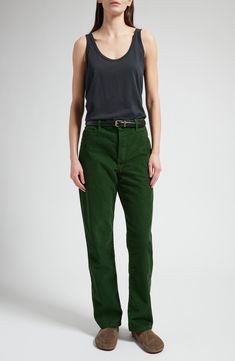 Effortless coolness exudes from this lightweight tank top cut from organic-cotton jersey with a loose fit and low back. 25 1/2" length (size medium) Scoop neck Sleeveless 100% organic cotton Dry clean Made in Italy Designer Clothing Luxury Green Relaxed Fit Pants, The Row Gala Pants, Green Full-length Corduroy Pants, The Row Winter 2022, Staple Pants, Green Corduroy Full-length Bottoms, Corduroy Flare Pants, 90s Supermodels, Pine Green