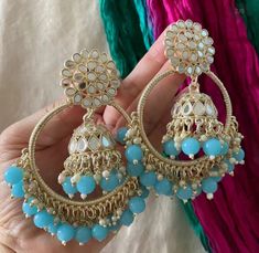 Light / Sky Blue Jhumka Bali Lightweight and sensitivity safe! Blue Chandbalis For Celebration Festivals, Blue Chandbalis For Festivals And Celebrations, Blue Chandbalis For Celebration And Festivals, Blue Chandbali Earrings With Latkans, Blue Chandbalis With Latkans, Blue Jhumkas For Festive Occasions, Traditional Blue Chandbalis For Celebration, Festive Blue Chandbalis For Celebration, Blue Chandbali Jhumkas For Celebration