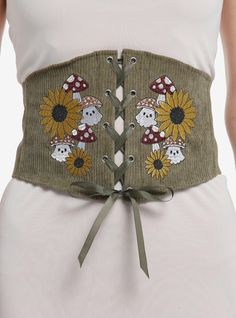 Keep your outfit hauntingly cute during your forest strolls with this olive corduroy corset! Featuring embroidered mushrooms and sunflowers on the front with lace-up detailing. Comes with a back zipper closure.PolyesterImported Ghost Mushroom, Embroidered Mushrooms, Mushroom Costume, Yellow Mushroom, Blair Witch Project, Hello Kitty House, Disney Dragon, Exploding Kittens, Bee And Puppycat