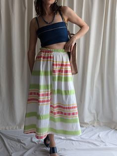 Women's vintage long white cotton skirt, colourful stripped pattern, elasticated waits, Y2K Style. Brand: Billi - made in Italy Year: 1990s Fabric: 100% cotton Size: M (model is UK 10-12, EUR 38-40, US 6-8, 1m81, 5'9) 26-30" Waist  35" Length Summer Striped Cotton Skirt, Striped Cotton Skirt For Summer, Striped Cotton Relaxed Skirt, Casual Cotton Skirt With Vertical Stripes, Striped Summer Skirt, Multicolor Relaxed Cotton Skirt, Striped Lined Skirt For The Beach, Striped Lined Skirt For Beach, Striped Beach Skirt With Lining