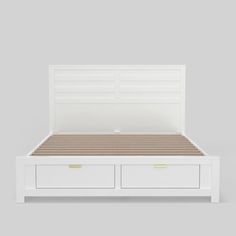 a white bed with two drawers on the bottom and one drawer underneath it, against a gray background