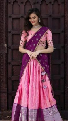 Half Saree Purple Colour, Purple And Pink Half Saree, Purple Color Half Saree, Colour Combinations For Lehenga, Half Saree Colour Combinations, Half Saree Lehenga Color Combinations, Frock Models For Women, Red Indian Outfit, Banarasi Lehengas