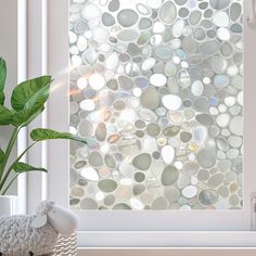 a white vase with a green plant in front of a window covered in glass pebbles