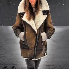 #ad Premium Women's Brown B3 Bomber Aviator Genuine Overcoat Real Sheepskin Leather Jacket, Fashion women's Clothing Lapel Coat, Fluffy Coat, Middle Age Fashion, Stylish Coat, Khaki Fashion, Estilo Chic, Collared Coat, Green Coat, Sherpa Jacket