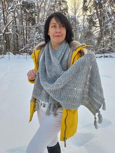 "Hand knitted grey shawl / scarf is made of 49% merino wool and 51% acrylic yarn. It's very soft , warm and cosy, may complete Your evening gown or make You feel comfortable during autumn and winter with coat, raincoat or jacket.  Perfect gift for You or Your loved ones.  Dimensions (aprox., without tassels):    44cm x 179 cm 17 \" x 71\" inches. If You like this design, but need another size, color or yarn type, with or without tassels, please contact me to discuss other options for Your custom order.  Care instructions: handwash or machine wash in gentle cycle 30 - 40 C, using detergents for wool or delicates. Do not twist, dry flat.  Please note, that post offices are very busy closer to winter holidays, so place Your order in time to get it by Christmas :)" Winter Crochet Shawl Wrap, Crochet Shawl Wrap For Winter, Winter Knitted Acrylic Shawl, Winter Knitted Acrylic Yarn Shawl, Winter Wool Shawl, Winter Acrylic Yarn Knit Shawl, Crochet Knit Shawl For Winter, Winter Crochet Knit Shawl, Winter Acrylic Knitted Shawl