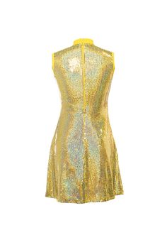 This gorgeous Yellow Spotlight Sewn-On Sequin Show Choir Dress has roomy hips to hem so dress stays down while dancing. Flattering cut gives no-cling shape and strong coil zipper assists in quick costume changes. Add a 4-row stretch rhinestone trim to neckband for total effect! Limited edition material. Show Choir Dress Features Sturdy zipper in back from hips to top of collar for fast on/off Comfortable binding around armholes Lined in soft knit polyester Includes color-matching high waist brie Gold Fitted Disco Dress, Stretch Knee-length Sequined Mini Dress, Disco Sleeveless Dress For Party Season, Disco Style Sleeveless Dress For Party Season, Sleeveless Disco Dress For Party Season, Fitted Gold Sequin Dress, Gold Stretch Dress For Party Season, Festive Fitted Sequin Mini Dress, Yellow Fitted Dress For Party Season