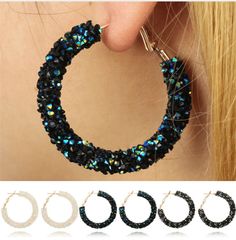 A fun update to the timeless bold hoop earrings. Completely encrusted in a sparkly crystal tube, available in three color options: black, iridescent black (with a blue-green shine) and opalescent white. Material: Alloy/Crystals Size: 4.5m (1.75 inches) Comes in gift boxed. Large Silver Hoop Earrings, Wedding Earrings Drop, Ear Ring, Crystal Hoop Earrings, Square Earrings Studs, Ear Stud, Earrings Crystal, Round Stud Earrings, Crystal Stud Earrings