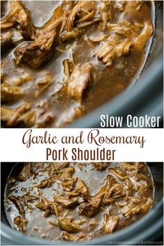 slow cooker garlic and rosemary pork shoulder stew is the perfect meal for cold weather