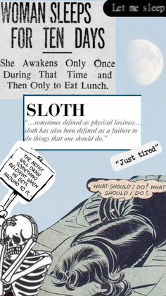 an advertisement for the women's sleep aid program, with a skeleton holding a sign that reads sloth