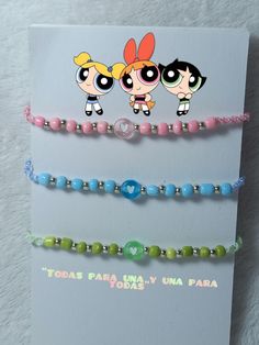 Pulseras inspiradas en las chicas superpoderosas, ideal para amigas y/o hermanas Bead Charms Diy Bracelet, Ideas Para Collares, Ideas Para Pulseras, Ideas Para Hacer Pulseras, Pulseras Ideas