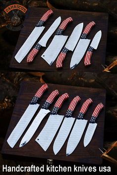 several knives with american flags on them are displayed