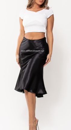 SOLID SATIN FLOWY MIDI SKIRT w/SIDE WAIST ZIPPER 100% Polyester Fitted Midi Satin Skirt, Fitted Satin Midi Skirt, Satin Lined Skirt For Date Night, Stretch Satin Skirt For Night Out, Spring Date Night Satin Skirt, Flowy Midi Skirt For Party, Midi Length Party Skirt, Solid Midi Skirt For Party, Plain Midi Skirt For Party