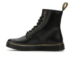 Durable leather upper,Secure lace-up closure,Lightly padded insole,Durable PVC DMC Air Cushioned lug grip outsole,Smooth boot lining,Fabric pull loop at back,Dr. Martens branding details | Women's Dr. Martens Zavala Combat Boot in Black Size Women's 5/ Men's 4 Medium Edgy Classic, Lace Up Boots Women, Flat Heel Boots, Combat Boot, Shoe Carnival, Dr. Martens Boots, Lining Fabric, Lace Up Boots, Shoes Boots