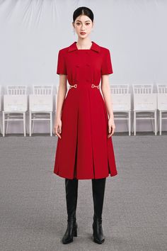 A-line Midi Dress With Box Pleat For Office, Office A-line Midi Dress With Box Pleat, Box Pleat Midi Dress For Office, Semi-formal Knee-length Dress With Box Pleat, Formal Knee-length Midi Dress With Box Pleat, Designer A-line Formal Dress, Classic Semi-formal Dress With Box Pleat, Elegant Midi Dress With Box Pleat For Office, Formal Knee-length Dress With Box Pleat