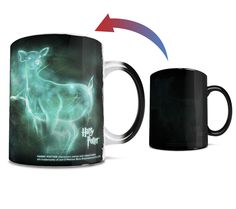 a black coffee mug with an image of a deer on it and the words harry potter