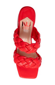 Braided straps define the airy silhouette of this square-toe sandal that sits on a lofty half-moon heel. 2 1/2" heel Synthetic upper, lining and sole Imported Spring Heels With Red Sole And Square Toe, Red Sandals With Padded Heel And Square Toe, Red Square Toe Sandals With Padded Heel, Red Synthetic Heels With Stacked Heel, Red Synthetic Heels With Sculpted Heel, Diamond Box, Square Toe Sandals, Straw Bags, Flip Flop Slippers