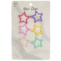 Dimensions: 1.19" x 1.25" Material: Metal Color: Pink, Yellow, Purple & Blue Green Age Grade: 4+ Quantity: 6 Let your hairstyle be the star when you use these Colorful Star Snap Hair Clips! Each hair slip is shaped like a star and comes in a vibrant color that will catch your eye. Use these clips to keep bangs out of your face or to give that ponytail hairstyle a pop of color! Gift Exchange List, Kidcore Accessories, Decora Accessories, Colorful Hair Clips, Star Clips, Decora Fashion, Basic Accessories, Snap Hair Clips, Wearable Art Fashion