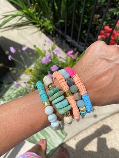 "This listing is for 1 bracelet made with bright, sherbet-inspired colors. My hand-beaded bracelets are made with stretch elastic which makes it comfortable and easy to wear. My bracelets are made to fit an average wrist size of 6.5\"-7\". Take a look around my shop for additional colors to add to your stack! The more the better!" Colorful Stretch Bracelet With Round Beads, Multicolor Stretch Bracelet With Round Beads, Everyday Multicolor Stretch Bracelet With Spacer Beads, Multicolor Heishi Beads Stretch Bracelet With 8mm Beads, Everyday Multicolor Spiritual Stretch Bracelet, Casual Turquoise Stretch Bracelet With Colorful Beads, Spiritual Multicolor Stretch Bracelet For Beach, Turquoise Stretch Bracelet With Round Beads, Pink Stretch Bracelet With 8mm Beads For Beach