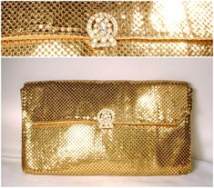 "Offering a beautiful vintage Art Deco liquid gold mesh purse with gorgeous SO Art Deco pave clear rhinestone clasp made by Whiting & Davis. If you've ever seen one of these purses in person you know that photos are not doing it justice as they don't capture the unbelievable glimmer of the mesh; it has a wonderful fluidity and movement so it absolutely shimmers as it catches the light. That exquisite clasp is lavishly encrusted with a marquise cut and small round cut pave set brilliantly cle Vintage Evening Bag For Vintage Events, Gold Vintage Bag For Events, Vintage Beige Party Bag, Vintage Rectangular Wedding Bags, Vintage Gold Evening Bag For Wedding, Mid-century Gold Evening Bag, Vintage Cream Evening Bag For Wedding, Vintage Beige Evening Bag For Party, Vintage Cream Bags For Formal Occasions