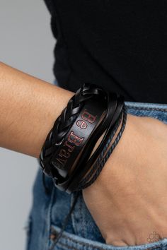 Mismatched strands of black twine and leather cords join a thick black leather band stamped in the phrase, "Be Brave," around the wrist for a rustically layered look. Features an adjustable sliding knot closure. Sold as one individual bracelet. Sliding Knot Bracelet, Adjustable Sliding Knot, Paparazzi Accessories Jewelry, Sliding Knot Closure, Knot Bracelet, Brave Soul, Sliding Knot, Black Bracelets, Paparazzi Accessories