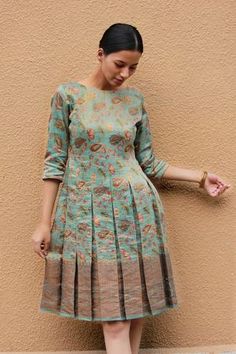 Liberate The Saree, Dress Pattern From Saree, Silk Saree Dress Gowns, Pattu Kurti Designs, Saree Dress Indian Kurti, Kurti From Saree, Saree Recycle Dresses Indian, Saree Dress Design Ideas