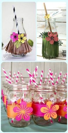 four different pictures with flowers and straws in them, one is pink and the other is green