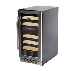 a black and silver refrigerator with wooden cutting boards in it's front door, on a white background