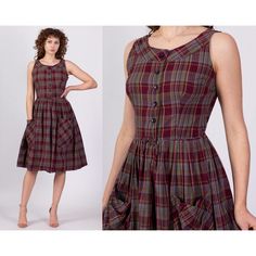 Vintage 1950s Plaid Fit & Flare Midi Dress, Sleeveless With A Scoop Neck, Buttons Down The Front Of The Bodice, Big Front Pockets On The Skirt, And A Small Decorative Tie At The Waist. Measurements And Condition: Fits Like: Medium (See Measurements Below - Fits A 27" Max Waist. If You Moved The Hook At The Waist It Could Go Up To 28") Fabric: Feels Like Cotton/Poly, Lightweight Brand: None Condition: Excellent Length: 42.5" Chest: 38" Waist: 27" Hips: Free Shown On A 5’8” Model With Measurements Of 34”-26”-37”, Usually Wears A Size Small. See Our Faq For More Info On Sizing And Condition Ratings. Dresses 1950s, Flare Midi Dress, Black Babydoll, Classic Chic, Midi Dress Sleeveless, Day Dress, Dress Sleeveless, Dress Vintage, Jumper Dress