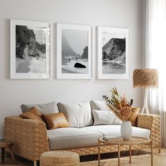 three black and white pictures hang on the wall above a couch in a living room