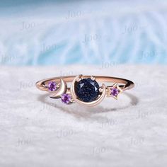 Mystical Rings Unique, Witchy Promise Rings, Space Themed Engagement Ring, Dark Purple Engagement Ring, Galaxy Engagement Ring, Space Engagement Ring, Blue Goldstone Ring, Star Engagement Ring, Rings Moon