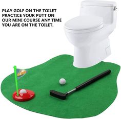 a toilet that has a golf ball on the ground next to it and a putter's tee in front of it